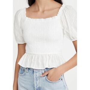 Lost + Wander Small Smocked Peplum Cropped Top Blouse White Square Neckline